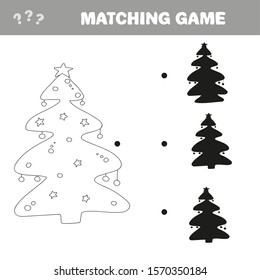 Find the correct shadow of Christmas tree. Education game for preschool kids. Vector illustration.
