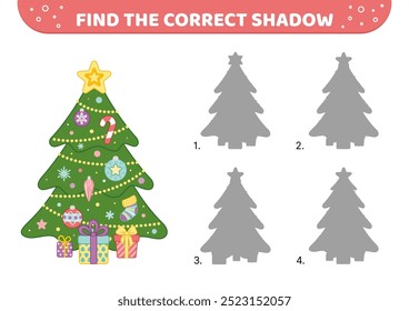 Find the correct shadow. Christmas tree. Shadow matching game. Cartoon. Isolated vector illustration eps 10