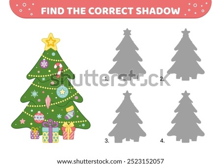 Find the correct shadow. Christmas tree. Shadow matching game. Cartoon. Isolated vector illustration eps 10