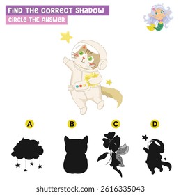 Find the correct shadow and circle the answer. Matching image with shadow. Worksheet for kid. Educational printable worksheet.