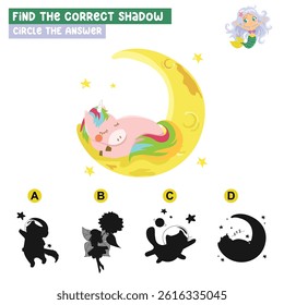 Find the correct shadow and circle the answer. Matching image with shadow. Worksheet for kid. Educational printable worksheet.