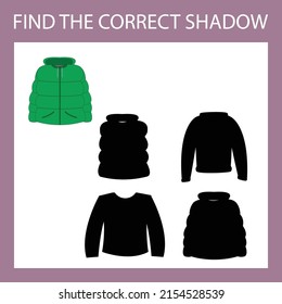 Find correct shadow with clothes, coat.  Kids educational game. 