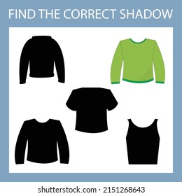 Find correct shadow with clothes, long sleeve.   Kids educational game. 