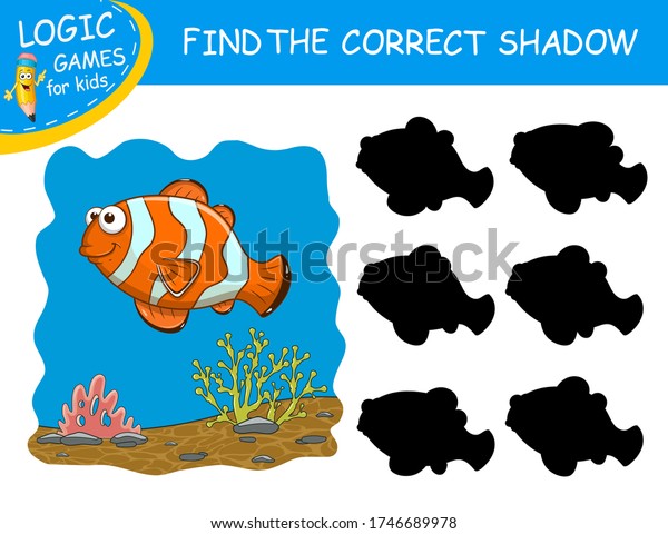 正しい影野だの魚を見つけろ カラフルな背景にかわいい熱帯魚 楽しいキャラクターを持つ教育的なゲーム 子供の論理ゲーム 児童幼稚園や学校用の学習カード のベクター画像素材 ロイヤリティフリー