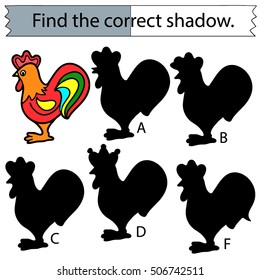 Find the correct shadow.  Cock. Educational game for children.
