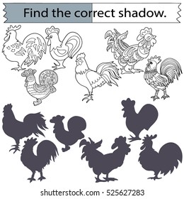 Find the correct shadow. Cocks.  Educational game for children. Black and White.