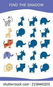 Finden Sie den richtigen Schatten mit bunten Tieren.  Kindererziehungsspiel. 