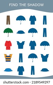 Find correct shadow with colorful clothes.  Kids educational game. 