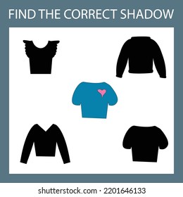 Find correct shadow with colorful clothes.  Kids educational game. 