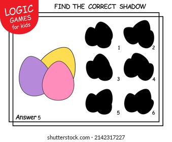 Find the correct shadow the colorful Easter Eggs. Task with answer. Cute cartoon Eggs. Learning matching game. Logic Game for Kids. Education card or worksheet for child. Happy Easter. Spring holiday.