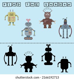 Find correct shadow with colorful robots.  Kids educational game. 