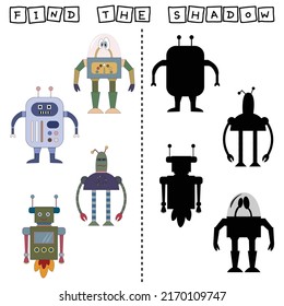 Find correct shadow with colorful robots.  Kids educational game. 