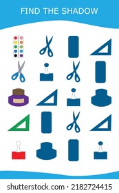 Find correct shadow with colorful stationery school.  Kids educational game. 