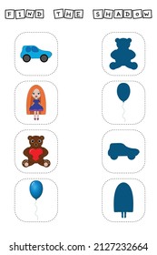 Find correct shadow with colorful toys.  Kids educational game. 
