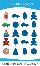 Find correct shadow with colorful  toys.  Kids educational game. 