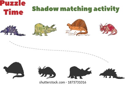 Find the correct shadow. Colorful vector illustration of dinosaurs. Children s educational game. Educational activity of preschoolers. Dinosaurs.
