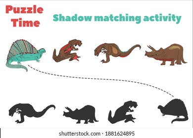 Find the correct shadow. Colorful vector illustration of dinosaurs. Children s educational game. Educational activity of preschoolers. Dinosaurs.
