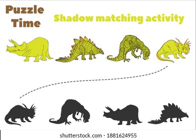 Find the correct shadow. Colorful vector illustration of dinosaurs. Children s educational game. Educational activity of preschoolers. Dinosaurs.