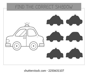 Find the correct shadow coloring book with a car. Coloring page educational game for kids. Cute cartoon car. Shadow matching game. Vector illustration.