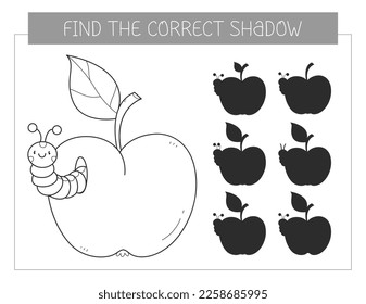 Find the correct shadow coloring book with an apple and caterpillar. Coloring page educational game for kids. Cute cartoon apple with worm. Shadow matching game. Vector illustration.