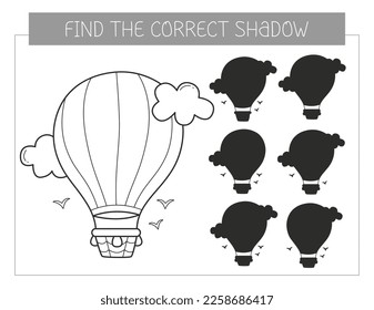 Find the correct shadow coloring book with an airship. Coloring page educational game for kids. Cute cartoon airship. Shadow matching game. Vector illustration.