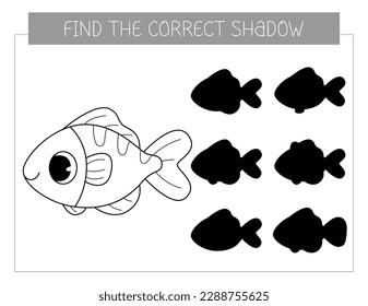 Encuentra el libro de colorear sombra correcto con peces. Colorear el juego educativo de la página para los niños. Pescado de dibujos animados. Juego de correspondencias en la sombra. Ilustración del vector