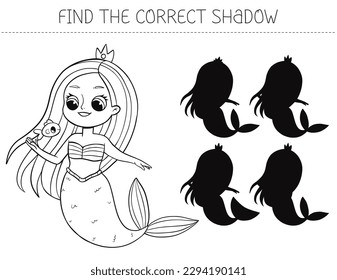 Encuentra el libro de colorear sombra correcto con sirena. Colorear el juego educativo de la página para los niños. Curiosa sirena de dibujos animados. Juego de correspondencias en la sombra. Ilustración vectorial.