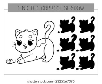 Find the correct shadow coloring book with cat. Coloring page educational game for kids. Cute cartoon kitten. Shadow matching game. Vector illustration