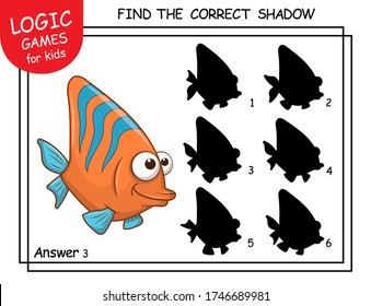 Find the correct shadow Coral Fish. Cute cartoon Fish. Educational matching game with cartoon character. Logic Games for Kids with answer. Learning card with task for child preschool and kindergarten