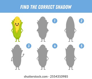 Find correct shadow of corn. Educational logical game for kids. Vegetable. Cartoon corn character. Vector 
