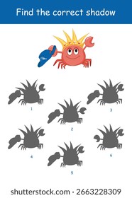 Find the correct shadow of crab with the golden crown on its head. Observation game. Vector illustration on a white background for children's entertainment, activity book, worksheet.