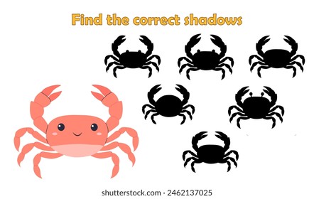 Find the correct shadow, crab. isolated on white background. Sea life. Game for children. Vector illustration.