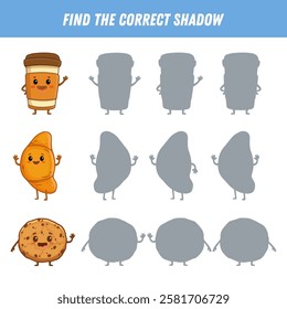 Find the correct shadow of the croissant, cookie, cup of cofee. Educational logic game for children. Cute cartoon bakery characters. Vector illustration
