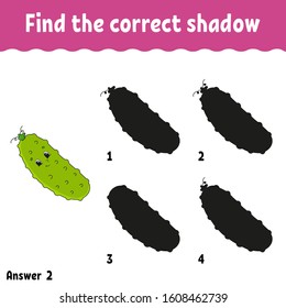 Find the correct shadow cucumber. Education developing worksheet. Matching game for kids. Activity page. Puzzle for children. Cartoon character. Isolated vector illustration.
