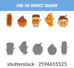 Find the correct shadow of the cup of coffee, ice cream, cupcake, eclair and croissant. Educational logic game for children. Cute cartoon food characters. Vector illustration 