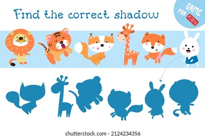 Find correct shadow. Cute animal characters. Educational game for children. Activity, vector illustration.