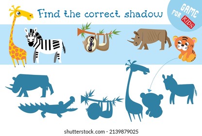 Find correct shadow. Cute animal characters. Educational game for children. Activity, vector illustration.