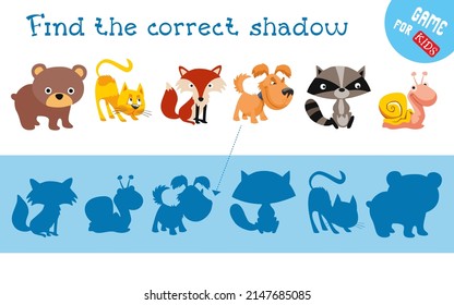 Find correct shadow. Cute animal characters. Educational game for children. Activity, vector illustration.