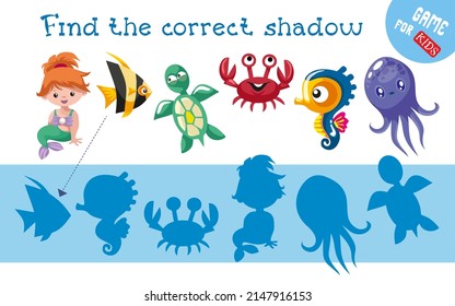 Find correct shadow. Cute animal characters. Educational game for children. Activity, vector illustration.
