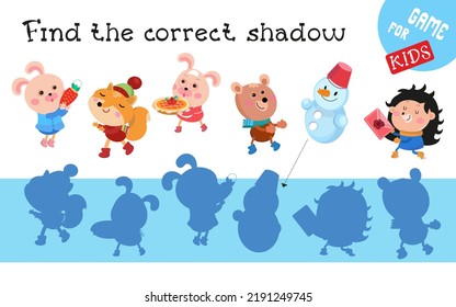 Find the correct shadow. Cute animal characters getting ready for Christmas. Educational game for children. Activity, vector illustration.