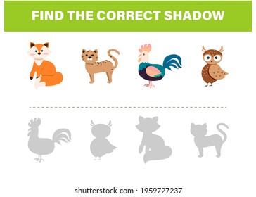 Find the correct shadow. Cute animals. Educational game for kids. Collection of children's games. Vector illustration in cartoon style