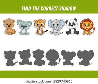 Find correct shadow of cute animals. Bear, panda, koala, elephant, lion, tiger. Educational logical game for kids. Cartoon animals. Vector