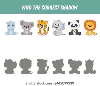 Find correct shadow of cute animals. Hippo, panda, koala, elephant, lion, tiger. Educational logical game for kids. Cartoon animals. Vector