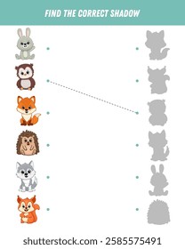 Find correct shadow of cute animals. Wolf, fox, bunny, hedgehog, squirrel, owl. Educational logical game for kids. Cartoon animals. Vector