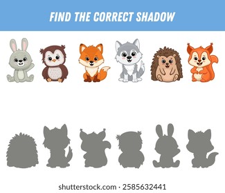 Find correct shadow of cute animals. Wolf, fox, bunny, hedgehog, squirrel, owl. Educational logical game for kids. Cartoon forest animals. Vector