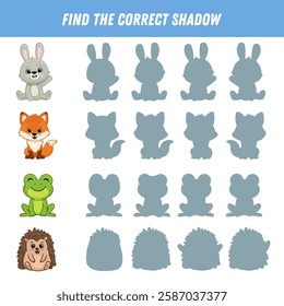 Find correct shadow of cute animals. Bunny, fox, frog, hedgehog. Educational logical game for kids. Cartoon animals. Vector
