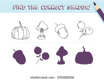Find the correct shadow. Cute autumn plant elements-mushroom, pumpkin, acorn, cranberry. Educational game for kids. Collection of children's games. Vector illustration in cartoon style