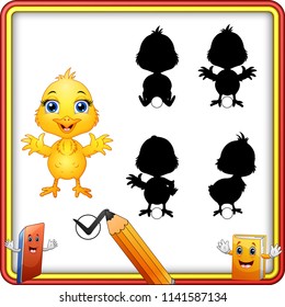 Find the correct shadow. Cute baby chicken waving. Education Game for Children