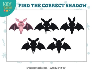 Find the correct shadow for cute bat lion educational preschool kids mini game. Vector illustration with 4 silhouettes for shadow matching exercise