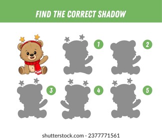 Find correct shadow of cute bear. Educational logical game for kids. Christmas game. Cartoon teddy bear. Vector illustration